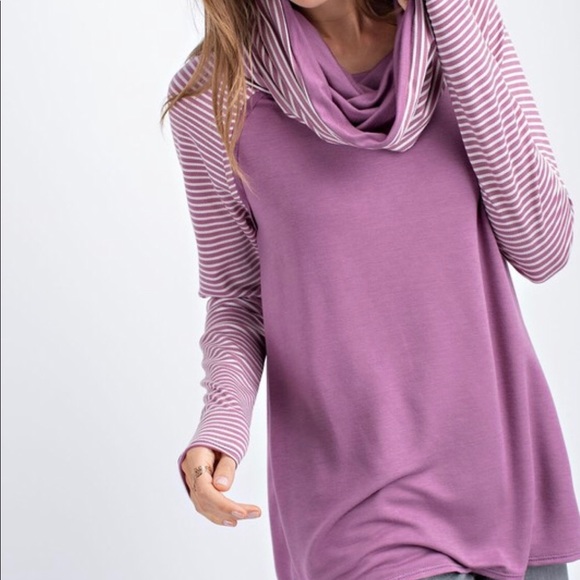 Purple French Terry Pullover Tunic Top Cowl Neck - Picture 4 of 5
